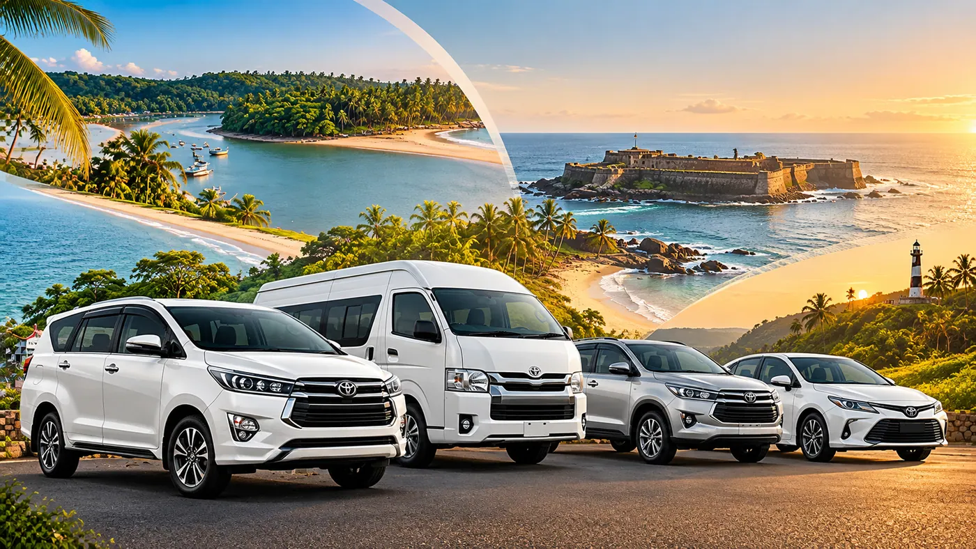 White Toyota cars and a van parked on the Konkan coast, with Sindhudurg beaches, the sea fort and a lighthouse at sunset behind them